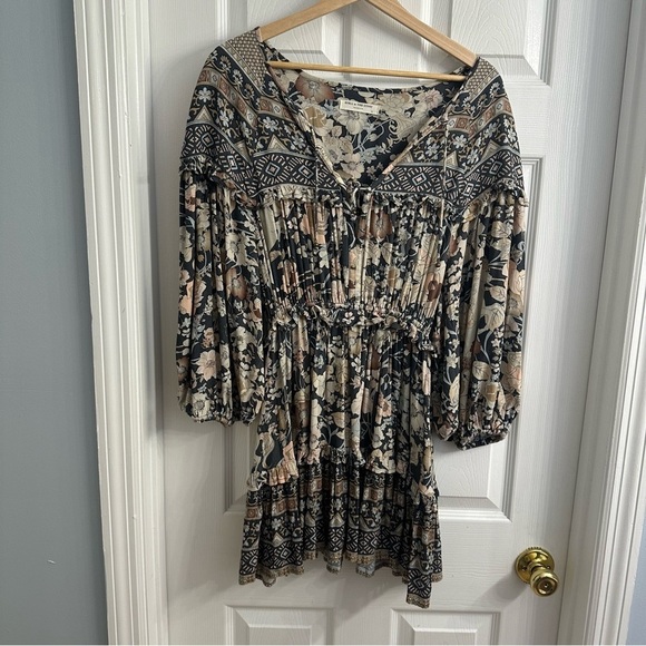 Spell Mini Dress Long Sleeve Boho Gray Floral Playdress Hippie Desert Size Small - Picture 5 of 9